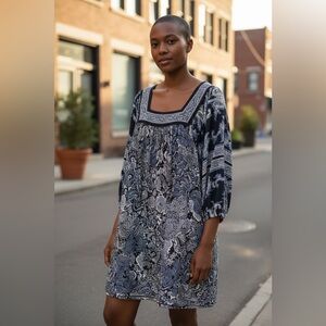 Michael Kors Navy and White Paisley Square Neck Shift Dress XL